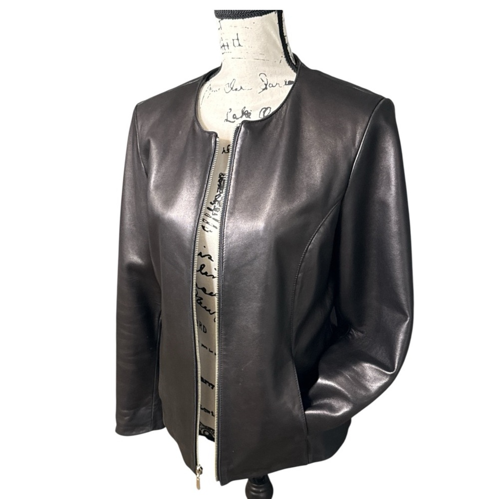 Genuine Leather Moto Jacket Size M Jet Black Buttery Soft Zip Front Blush Lining